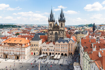 Obraz premium View of the Church of Our Lady before Tyn from the observation platform of the Old Town Hall in old part of Prague in Czech Republic