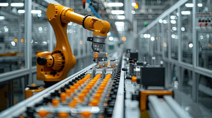 Naklejka premium robotic arm meticulously assembling components on a spotless factory floor, symbolizing the cutting-edge role of advanced robotics in modern manufacturing