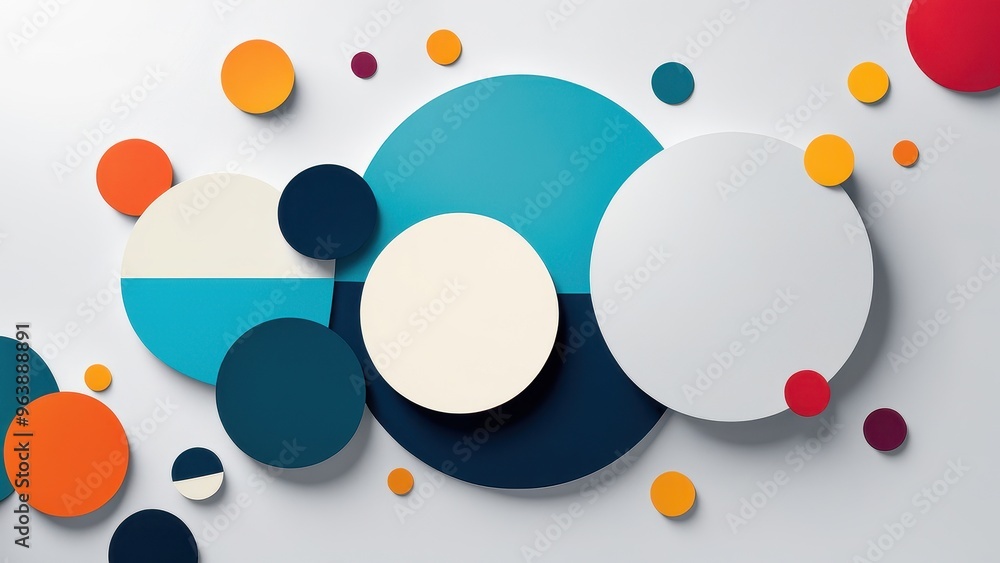 Poster abstract composition of colorful circles and shapes on a light background.