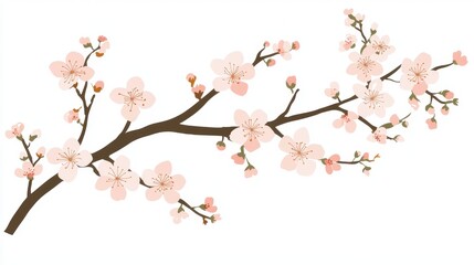 Pink Cherry Blossom Branch Isolated on White Background