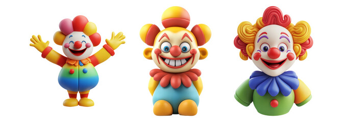 Set of colorful clown characters isolated on transparent background