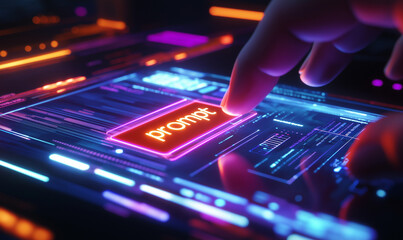 Obraz premium Futuristic command prompt on a digital interface with a holographic computer screen, depicting advanced technology and cybernetic innovation