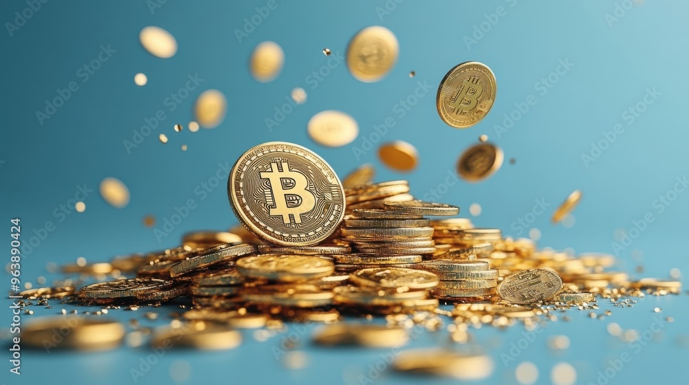 Poster 3d golden coins with the bitcoin symbol fall down into a heap or pile isolate3d on blue background