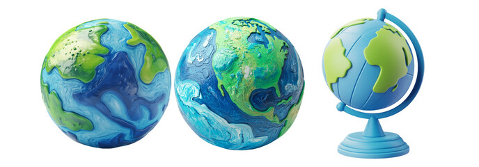 Set of globes representing the earth isolated on transparent background
