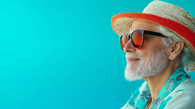 An older man wearing sunglasses and a straw hat smiles warmly, embodying happiness and wisdom during International Older Persons Day celebrations, copy space