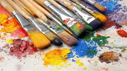 Obraz premium Closeup of Paintbrushes on Palette with Colorful Oil Paints