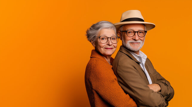 Two seniors stand closely together, smiling brightly, celebrating International Older Persons Day with a warm embrace against a vibrant orange background, copy space