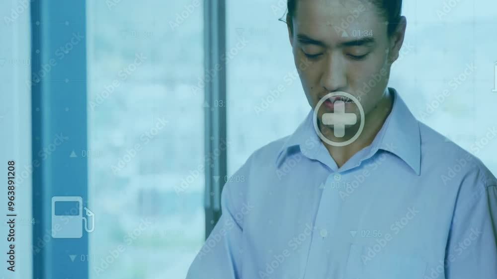 Poster animation of financial data processing with icons over asian businessman using tablet in office