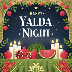 Vibrant Yalda Night Celebration with Pomegranates, Candles, and Watermelon Design