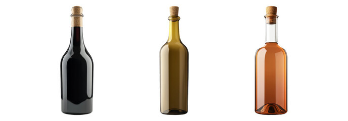 Set of glass bottles with different types of wine isolated on transparent background