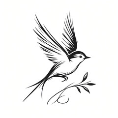 Fototapeta premium A minimalist black and white tattoo sketch of a small bird in flight, using only a few elegant lines to capture its form