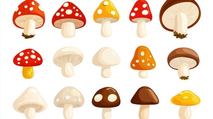 Colorful Cartoon Mushrooms Set  Vector Illustration  Isolated on White Background