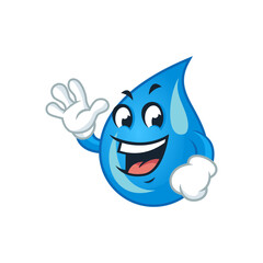 Cute cartoon water drop character waving with a happy expression.