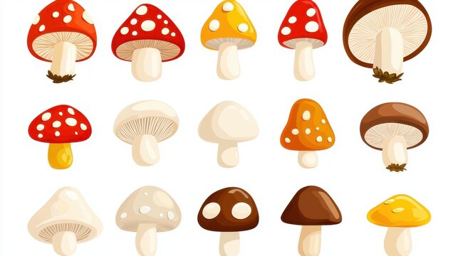 Colorful Cartoon Mushrooms Set  Vector Illustration  Isolated on White Background