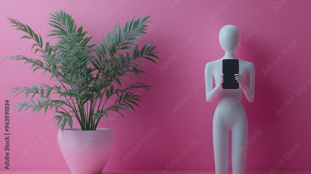 Aufkleber 3d mannequin han3d holding smart phone gadget electronic device concept isolate3d on pink violet bac