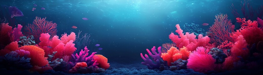 Naklejka premium Vibrant underwater scene showcasing colorful coral formations, illuminated by soft sunlight, creating a serene marine environment.