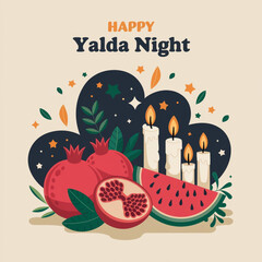 Naklejka premium Vibrant Yalda Night Celebration with Pomegranates, Candles, and Watermelon Design