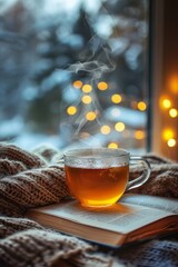 A cup of steaming herbal tea with a book and a cozy blanket, soft lighting, inviting and relaxing atmosphere