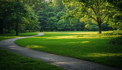 Obraz premium A serene park scene featuring a winding path through lush greenery and trees, inviting relaxation and leisure.