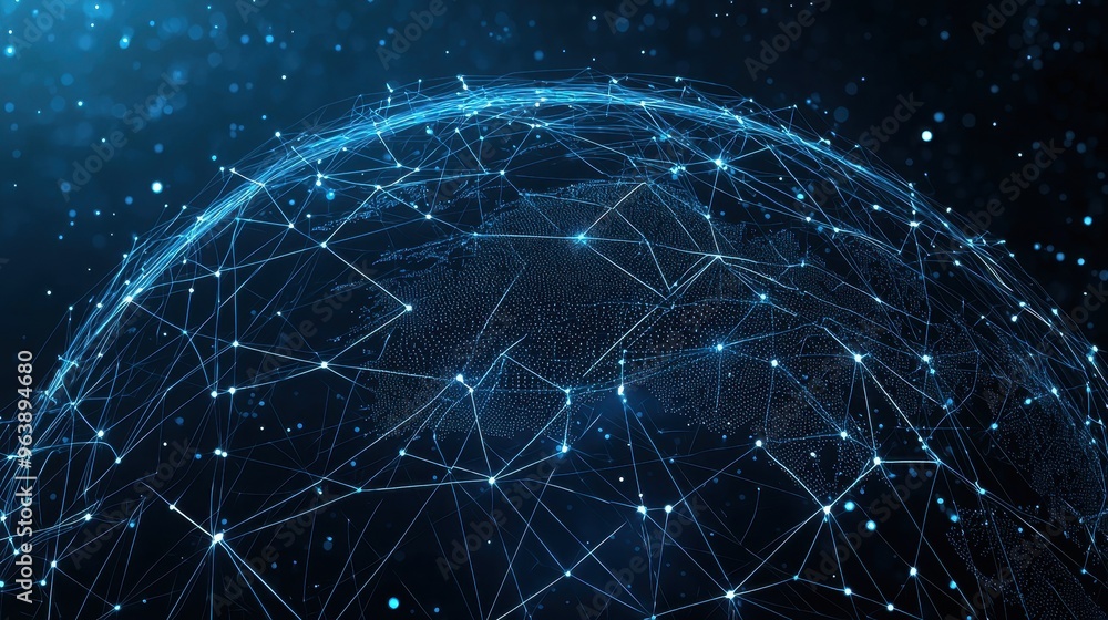 Poster global network connections digital world map with blue lines and dots