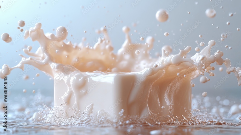 Aufkleber 3d milk splash in the shape of a box isolate3d on blue backgroun3d white paint splashing liqui3d cub