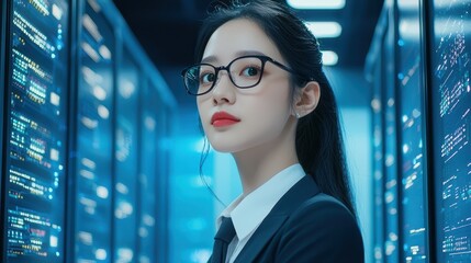 Woman in Glasses Looking at Server Racks in Data Center