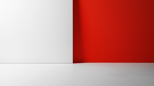 A minimalist space features a bold contrast between a vibrant red wall and a clean white wall, providing a perfect setting for creative endeavors, copy space, background