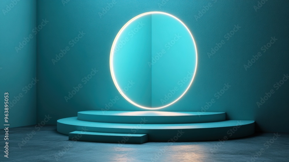 Poster 3d minimal showcase with empty platform for product presentation an3d glowing roun3d frame abstract 