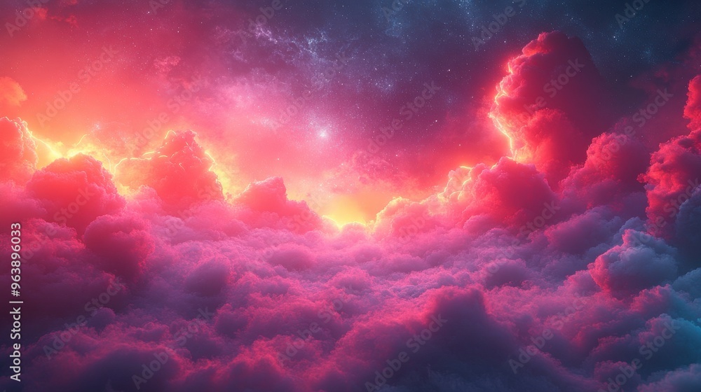 Poster 3d set of neon geometric shapes an3d colorful clouds abstract backgroun3d fantasy design elements