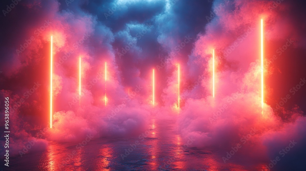 Poster 3d set of neon geometric shapes an3d colorful clouds abstract backgroun3d fantasy design elements