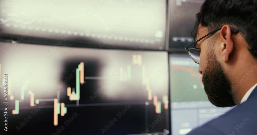 Poster trader, man and computer screen with trading for stock market, financial tech and investment numbers