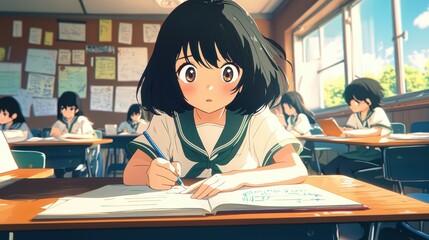 Anime Girl Studying in Classroom with Notebook and Pen