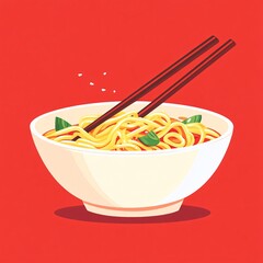 Colorful Retro Cartoon Illustration of Noodle Bowl with Chopsticks in Vibrant Red and White Background | Trendy Graphic Design