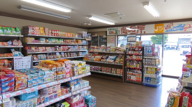 Japanese Convenience Store Interior with Shelves of Snacks and Drinks