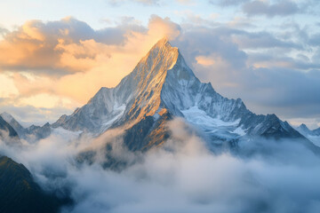 A majestic mountain peak rises above the clouds, illuminated by soft sunlight, creating a serene and breathtaking landscape.