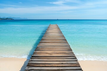 Fototapeta premium Tranquil Wooden Pier Stretching Over Clear Blue Waters