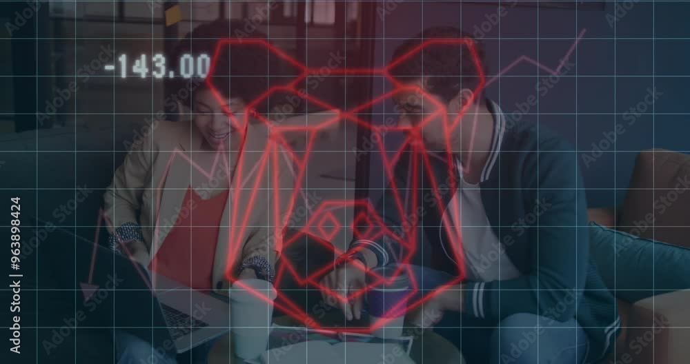 Poster animation of financial data processing and bear icon over diverse colleagues working in office