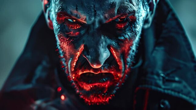 Intense close-up of a grim character with glowing eyes and shadowy surroundings at night