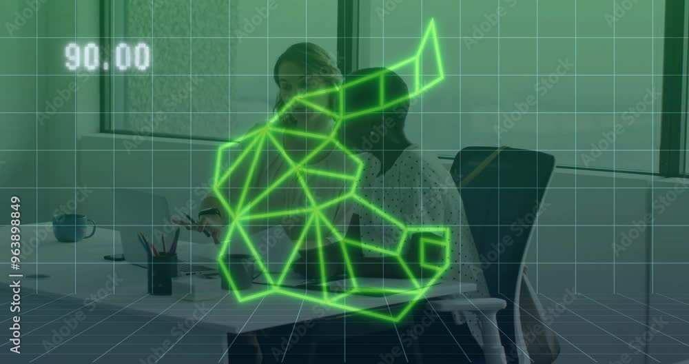 Poster animation of financial data processing and bull over diverse colleagues working in office