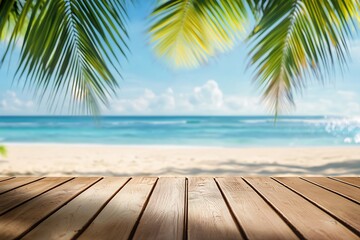 Serene Tropical Beach View with Wooden Deck and Palm Trees