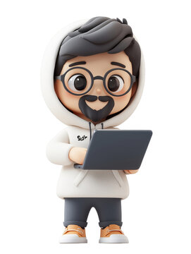 3D cartoon tech guy character with glasses and a beard, working on a laptop while wearing a hoodie, representing a programmer.
