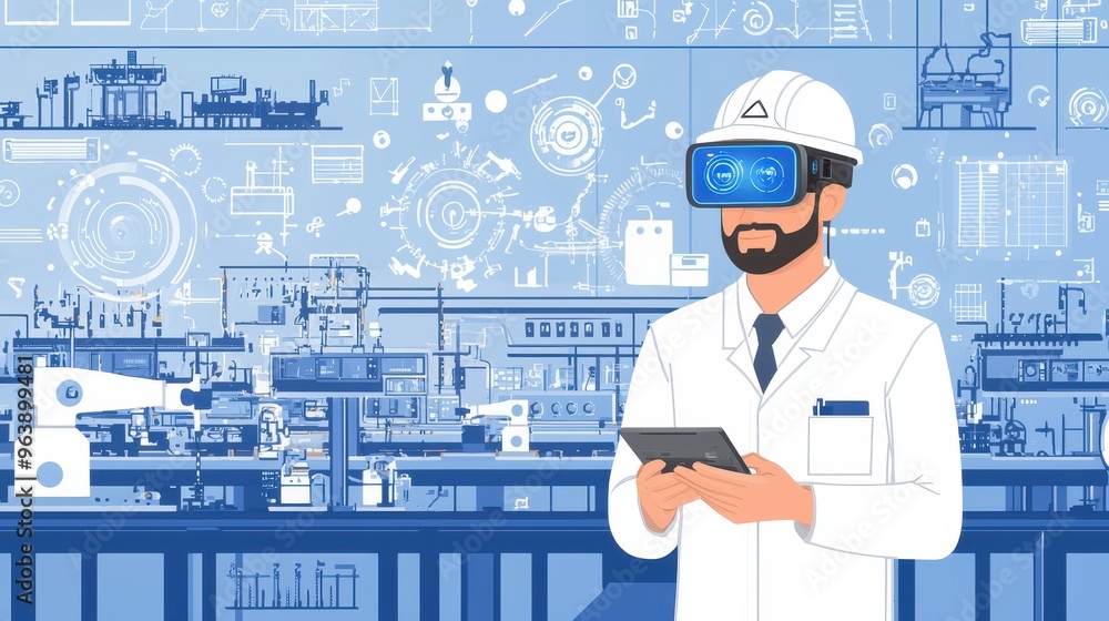 Poster engineer using vr headset and tablet in factory setting