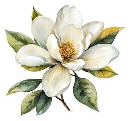 White magnolia with green leaves, cut out - stock png.