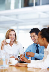 Business people, funny and planning in meeting, conversation and teamwork for project. Group,...