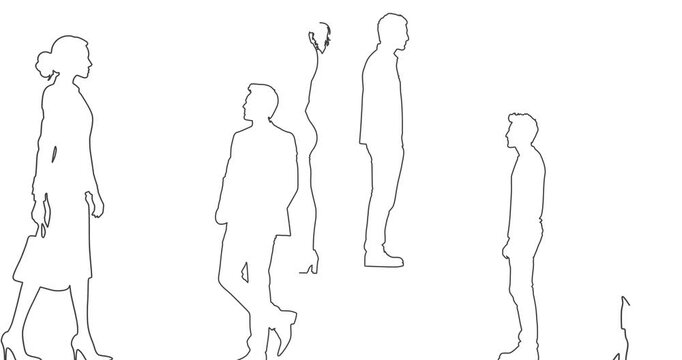 Social media network. Overlay man and woman outline silhouettes. Digital, interactive and global communication concept. Thin line drawing