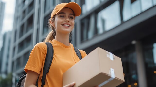 Smiling delivery person in orange uniform carrying a cardboard box outdoors in an urban setting, showcasing friendly service.