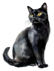 Elegant black cat with yellow eyes, cut out - stock png.