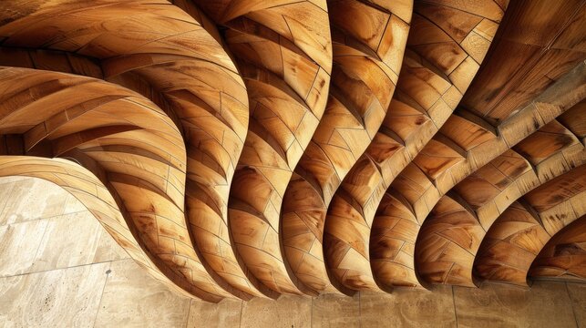 Wooden ceiling detail in building with artistic background.
