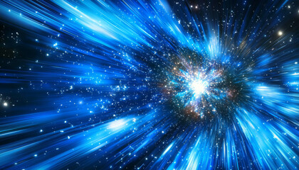Fototapeta premium A vibrant depiction of a cosmic explosion, showcasing dynamic blue light beams and stars in a vast universe.