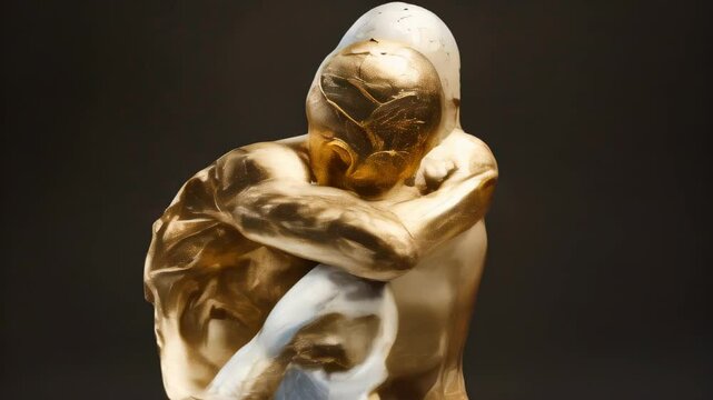 Stunning golden sculpture of two figures embracing, showcasing intricate details and textures in an art display